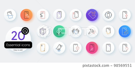 Smartphone protection line icons. Bicolor outline web elements. Tempered glass, screen protector and water resistant. Phone cover, display glass protection and shockproof device icons. Vector Smartphone protection line icons. Bicolor outline web elements. Tempered glass, screen protector and water resistant. Phone cover, display glass protection and shockproof device icons. Vector 98569551