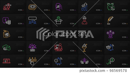 Set of Music app, Organic tested and Coupons line icons. Include Correct checkbox, Floor lamp, Package location icons. Information bell, Foreman, Potato web elements. Ranking stars. Vector Set of Music app, Organic tested and Coupons line icons. Include Correct checkbox, Floor lamp, Package location icons. Information bell, Foreman, Potato web elements. Ranking stars. Vector 98569578