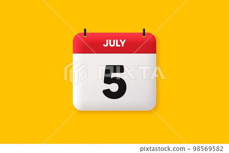 Calendar date 3d icon. 5th day of the month icon. Event schedule date. Meeting appointment time. Agenda plan, July month schedule 3d calendar and Time planner. 5th day day reminder. Vector 98569582