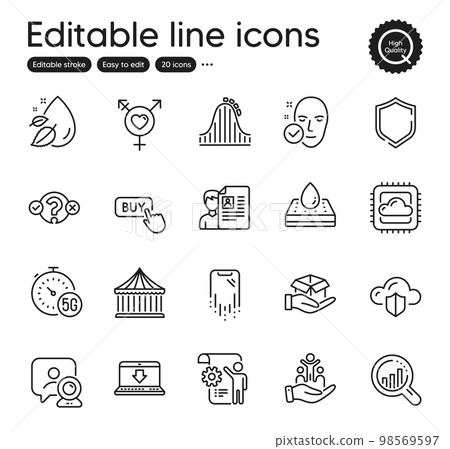 Set of Business outline icons. Contains icons as Inclusion, Smartphone recovery and Settings blueprint elements. Seo analysis, Water drop, Carousels web signs. Buy button, Genders. Vector 98569597