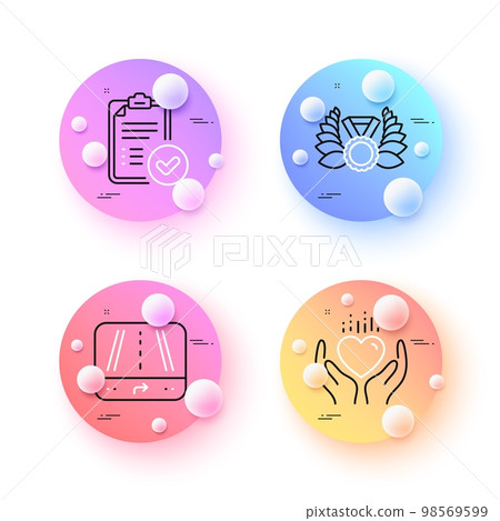 Hold heart, Approved report and Gps minimal line icons. 3d spheres or balls buttons. Laureate medal icons. For web, application, printing. Care love, Verification document, Journey road. Vector 98569599