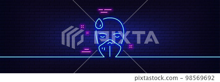 Neon light glow effect. Sick man with medical mask line icon. Safety respiratory mask sign. Coronavirus face protection symbol. 3d line neon glow icon. Brick wall banner. Sick man outline. Vector Neon light glow effect. Sick man with medical mask line icon. Safety respiratory mask sign. Coronavirus face protection symbol. 3d line neon glow icon. Brick wall banner. Sick man outline. Vector 98569692