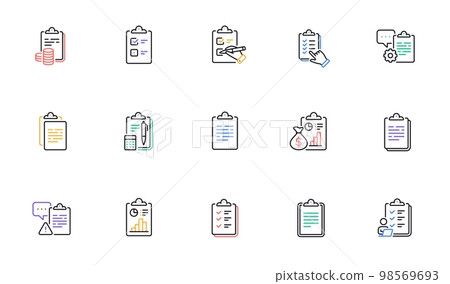 Checklist documents line icons. Agreement info, Clipboard manager, Accounting Report. Medical schedule, Document list and Voting checklist line icons. Data calculation, Contract document. Vector Checklist documents line icons. Agreement info, Clipboard manager, Accounting Report. Medical schedule, Document list and Voting checklist line icons. Data calculation, Contract document. Vector 98569693