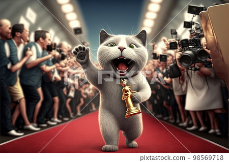 cat on red carpet winning oscar award illustration generative ai 98569718