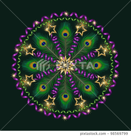 Circle carnival pattern with peacock feathers, spiral ribbons, golden stars, round halftone shapes. For prints, clothing, t shirt, plate, surface design. Vintage style Circle carnival pattern with peacock feathers, spiral ribbons, golden stars, round halftone shapes. For prints, clothing, t shirt, plate, surface design. Vintage style 98569799