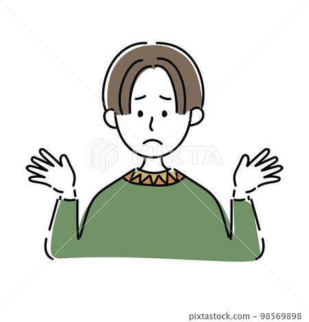 An icon in which a man with long bangs in green clothes is in trouble 98569898