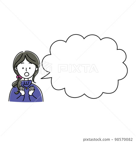 插圖和語音氣球材料，其中一位戴著項鍊並用髮帶綁住黑髮的女人感到驚訝 98570082