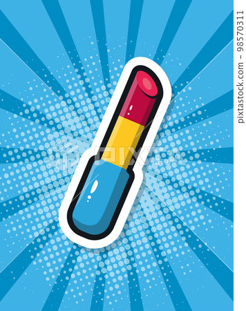 Cartoon lipstick on a blue background. Pop art poster. Vector illustration 98570311