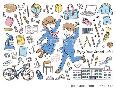 Illustration set of boys and girls in uniforms jumping with stationery and tools for school life such as junior high school and high school 98570358