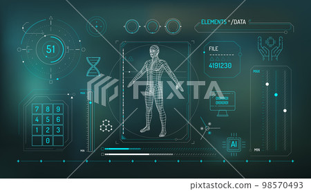 Set of infographic elements about DNA research and digital technologies. 98570493