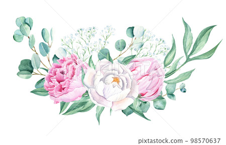 Watercolor bouquet, white and pink peony, eucalyptus and gypsophila branches. Hand painted illustration isolated on white background. Can be used for greeting cards, wedding invitations, save the date 98570637