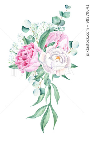 Watercolor bouquet, white and pink peony, eucalyptus and gypsophila branches. Hand painted illustration isolated on white background. Can be used for greeting cards, wedding invitations, save the date 98570641
