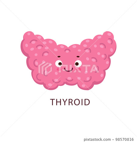 Cartoon thyroid human body organ character with happy smiling face. Vector anatomy and health care personage of healthy thyroid gland. Cute emoji of human endocrine system, endocrinology medicine Cartoon thyroid human body organ character with happy smiling face. Vector anatomy and health care personage of healthy thyroid gland. Cute emoji of human endocrine system, endocrinology medicine 98570816