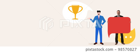 Contemporary art collage. Conceptual design. Businessman standing with empty speech bubble with blank space for text. Getting trophy. Success Contemporary art collage. Conceptual design. Businessman standing with empty speech bubble with blank space for text. Getting trophy. Success 98570827