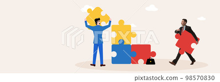 Contemporary art collage. Conceptual design. Business people, employees connecting puzzles. Well-coordinated teamwork, assistance and cooperation Contemporary art collage. Conceptual design. Business people, employees connecting puzzles. Well-coordinated teamwork, assistance and cooperation 98570830