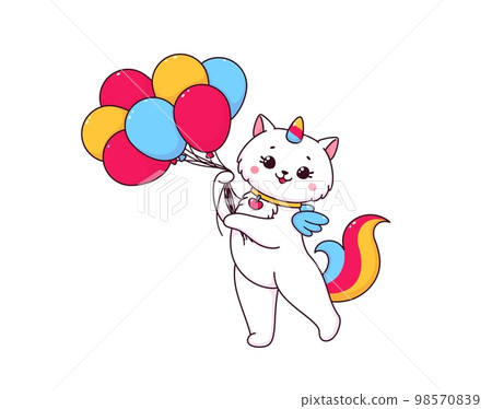 Cartoon caticorn with air balloons. Fantasy cat with unicorn horn funny mascot, fairy creature vector happy character. Magical kitten, kawaii animal or isolated fairytale caticorn cheerful personage Cartoon caticorn with air balloons. Fantasy cat with unicorn horn funny mascot, fairy creature vector happy character. Magical kitten, kawaii animal or isolated fairytale caticorn cheerful personage 98570839