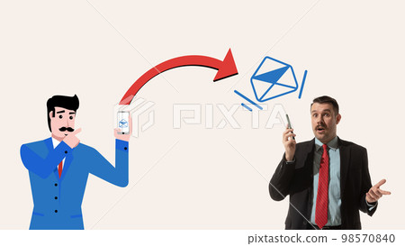 Contemporary art collage. Conceptual design. Online communication. Businessman receiving mail, message from manager. Cooperation Contemporary art collage. Conceptual design. Online communication. Businessman receiving mail, message from manager. Cooperation 98570840