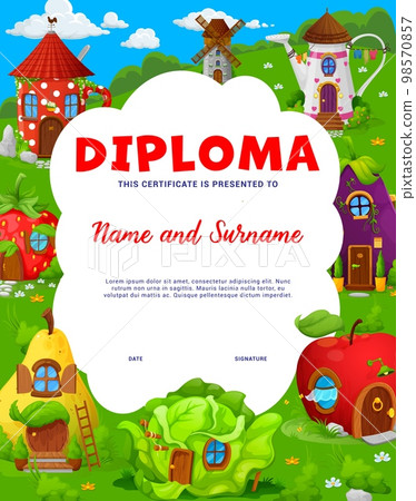Kids diploma. Cartoon fairytale houses and dwellings. Child appreciation diploma, kids competition winner vector certificate with fairy creature homes in teapot, pear, cabbage and apple, eggplant Kids diploma. Cartoon fairytale houses and dwellings. Child appreciation diploma, kids competition winner vector certificate with fairy creature homes in teapot, pear, cabbage and apple, eggplant 98570857