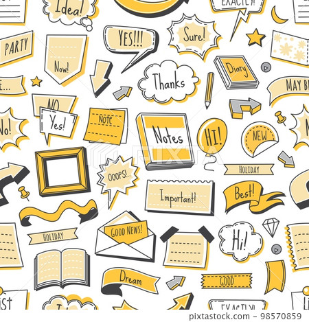 Bullet journal seamless pattern, doodle diary calendar banners, ribbons, arrows. Vector background with element for sketchbook, message, notebook, sticker or border with clouds in linear style 98570859