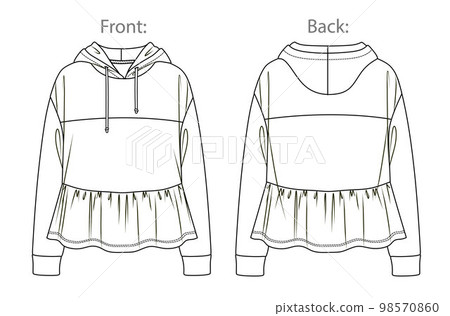 Vector fashion sketch sweatshirt with frills, woman hooded sweatshirt technical drawing, fashion CAD, flat, template, long sleeved hoodie. Jersey or fleece sweatshirt with front, back view,white color Vector fashion sketch sweatshirt with frills, woman hooded sweatshirt technical drawing, fashion CAD, flat, template, long sleeved hoodie. Jersey or fleece sweatshirt with front, back view,white color 98570860