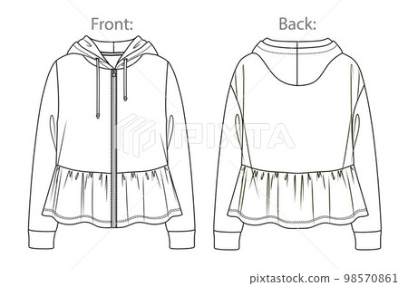 Vector fashion sketch sweatshirt with frills, woman hooded sweatshirt technical drawing, fashion CAD, flat, template, long sleeved hoodie. Jersey or fleece sweatshirt with front, back view,white color Vector fashion sketch sweatshirt with frills, woman hooded sweatshirt technical drawing, fashion CAD, flat, template, long sleeved hoodie. Jersey or fleece sweatshirt with front, back view,white color 98570861
