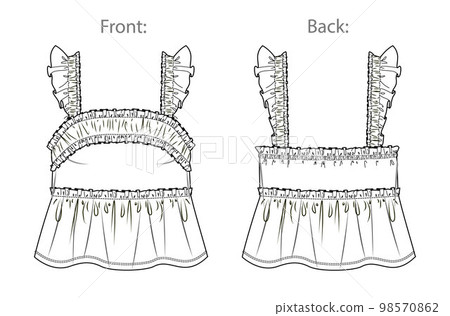 Vector sleeveless top with ruffles fashion CAD, woman tank top with frills and shoulder straps technical drawing, template, sketch, flat. Jersey or woven fabric top with front, back view, white color Vector sleeveless top with ruffles fashion CAD, woman tank top with frills and shoulder straps technical drawing, template, sketch, flat. Jersey or woven fabric top with front, back view, white color 98570862