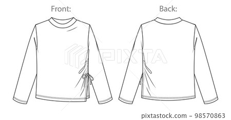 Vector mock neck long sleeved top fashion CAD, woman winter t shirt technical drawing, top with frill detail flat, template, sketch. Jersey or fleece fabric blouse with front, back view, white color Vector mock neck long sleeved top fashion CAD, woman winter t shirt technical drawing, top with frill detail flat, template, sketch. Jersey or fleece fabric blouse with front, back view, white color 98570863