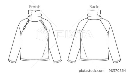 Vector long raglan sleeved top fashion CAD, woman boxy shape round neck with cut-outs details sweatshirt technical drawing, template, mock up, flat. Jersey blouse with front, back view, white color Vector long raglan sleeved top fashion CAD, woman boxy shape round neck with cut-outs details sweatshirt technical drawing, template, mock up, flat. Jersey blouse with front, back view, white color 98570864