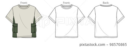 Vector fashion CAD t-shirt with color block, men short sleeved slim fit shirt sketch, man crew neck top technical drawing, sketch, flat. Jersey man tee with front, back view, white color 98570865