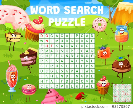 Word search puzzle game, cartoon desserts, sweets and cake characters on meadow, vector quiz. Chocolate donut and cupcake muffin with macaroon and jelly pudding in word search quiz grid worksheet 98570867