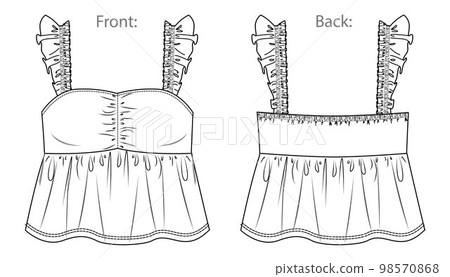 Vector sleeveless top with ruffles fashion CAD, woman tank top with frills and shoulder straps technical drawing, template, sketch, flat. Jersey or woven fabric top with front, back view, white color 98570868