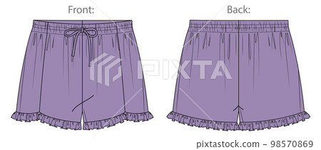 Fashion technical sketch of women shorts with frills in vector graphic. Women shorts with elasticized waist flat, sketch. Fashion illustration. Jersey or woven fabric short, front, back view, white Fashion technical sketch of women shorts with frills in vector graphic. Women shorts with elasticized waist flat, sketch. Fashion illustration. Jersey or woven fabric short, front, back view, white 98570869