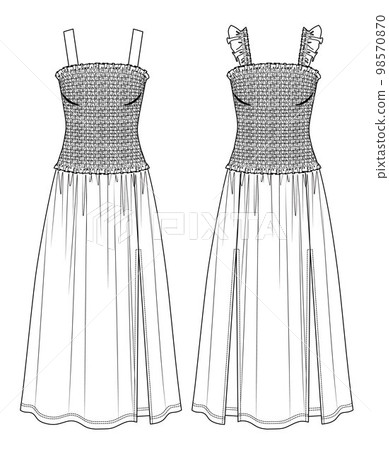 Vector summer smocked dress fashion CAD, woman midi frill-trimmed front and back with shoulder straps technical drawing, template, flat, sketch. Jersey or woven fabric dress with front,back view,white 98570870