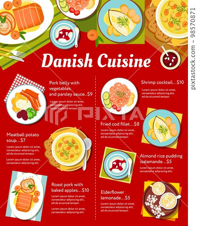 Danish cuisine restaurant meals menu. Pork belly with vegetables and parsley sauce, roast pork and elderflower lemonade, pudding Risalamande, shrimp cocktail and meatball potato soup, fried cod fillet Danish cuisine restaurant meals menu. Pork belly with vegetables and parsley sauce, roast pork and elderflower lemonade, pudding Risalamande, shrimp cocktail and meatball potato soup, fried cod fillet 98570871