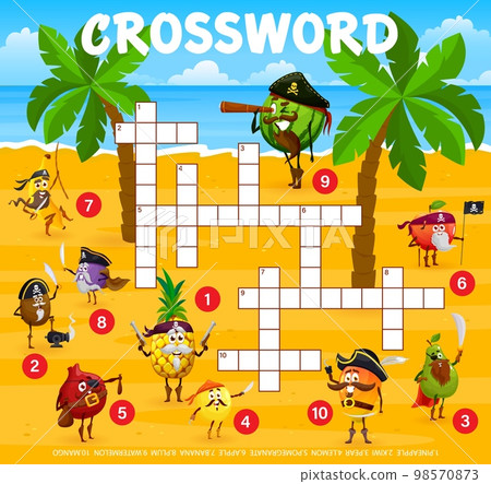 Crossword grid, cartoon funny fruit pirates and corsairs characters, vector quiz game. Pineapple in pirate tricorne, lemon and apple as corsair sailor and banana to guess word on crossword worksheet Crossword grid, cartoon funny fruit pirates and corsairs characters, vector quiz game. Pineapple in pirate tricorne, lemon and apple as corsair sailor and banana to guess word on crossword worksheet 98570873