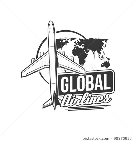 Global airlines icon. Airplane passenger and cargo transportation industry, airline company monochrome label, vector retro emblem or icon with flying airliner plane, world map silhouette Global airlines icon. Airplane passenger and cargo transportation industry, airline company monochrome label, vector retro emblem or icon with flying airliner plane, world map silhouette 98570933