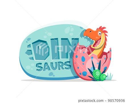 Cartoon funny dinosaur character and dino egg. Isolated vector design with orange toothy baby dino in pink egg and text on stone oval plate. Lovely dragon or jurassic monster design for children Cartoon funny dinosaur character and dino egg. Isolated vector design with orange toothy baby dino in pink egg and text on stone oval plate. Lovely dragon or jurassic monster design for children 98570936