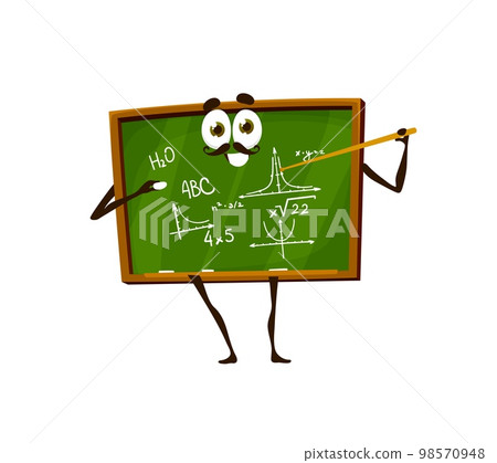 Cartoon schoolboard character. Kids elementary school education, science and learning, back to school isolated vector personage, funny class chalkboard with formulas, teacher with pointer and chalk 98570948
