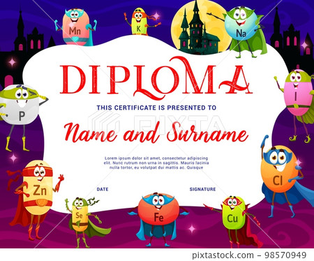 Kids diploma. Cartoon vitamin and micronutrient superhero characters. Child competition winner award, education achievement vector certificate or diploma with Mn, K, Na and L, Ci, Cu vitamin personage 98570949
