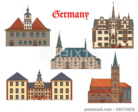 Germany buildings architecture of Jena, Erfurt and Saalfeld city, vector travel landmarks. German churches in Thuringia, Weimar Herderkirche of St Peter and Paul, Kaufmannskirche and Saalfeld palace 98570959
