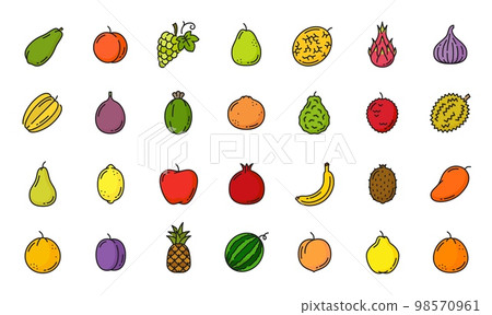Raw fruit color line icons. Farm harvest outline symbols, healthy food thin line vector pictogram tropical fruits with mango, peach and grape, pear, melon, pitaya, kiwi and watermelon, plum icons 98570961