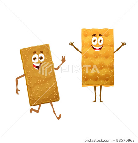 Cartoon scandinavian knakerbrot character. Isolated vector funny slices of traditional crisp bread, cute knackebrod with sesame seeds food personages smiling and waving hands. Healthy crispbread meal Cartoon scandinavian knakerbrot character. Isolated vector funny slices of traditional crisp bread, cute knackebrod with sesame seeds food personages smiling and waving hands. Healthy crispbread meal 98570962