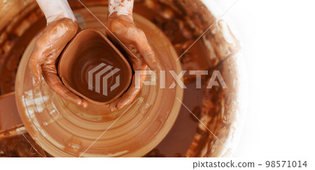 Master making a pot on pottery wheel, top view,banner Master making a pot on pottery wheel, top view,banner 98571014