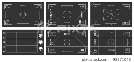 Camera viewfinder screen. DSLR viewfinder display, camcorder viewer interface overlay frame vector background. Photo camera, video record device focus screen with settings icons and composition lines Camera viewfinder screen. DSLR viewfinder display, camcorder viewer interface overlay frame vector background. Photo camera, video record device focus screen with settings icons and composition lines 98571046