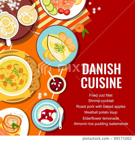 Danish cuisine menu cover page template. Roast pork with baked apples, pork belly with parsley sauce and meatball potato soup, elderflower lemonade, cod fillet and pudding Risalamande, shrimp cocktail 98571062