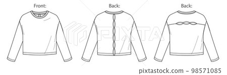 Vector long sleeved drop shoulder top fashion CAD, woman boxy shape round neck with cut-outs details blouse technical drawing, template, mock up, flat. Jersey tee with front, back view, white color 98571085