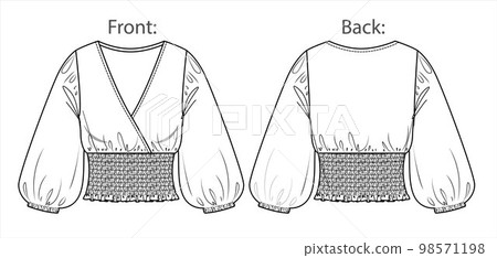 Vector long sleeved boho style wrap top fashion CAD, woman v neck with frills and smock details blouse technical drawing, template, mock up, flat. Fleece sweatshirt with front, back view, white color 98571198