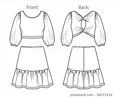 Vector long sleeve round neck top and mini skirt technical drawing, woman crop blouse, flared skirt fashion CAD, sketch, template, flat. Jersey or woven fabric 2 pieces set with front,back view, white Vector long sleeve round neck top and mini skirt technical drawing, woman crop blouse, flared skirt fashion CAD, sketch, template, flat. Jersey or woven fabric 2 pieces set with front,back view, white 98571418