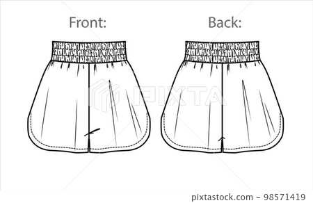 Fashion technical sketch of women shorts in vector graphic. Women shorts with elasticized waistband flat, sketch, template, fashion illustration. Jersey or woven fabric short, front, back view, white Fashion technical sketch of women shorts in vector graphic. Women shorts with elasticized waistband flat, sketch, template, fashion illustration. Jersey or woven fabric short, front, back view, white 98571419