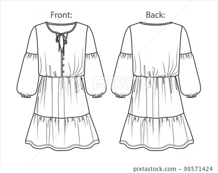 Vector long sleeved dress technical drawing, woman mini dress with bow detail fashion CAD, sketch with long ballon sleeves template, sketch, flat. Jersey dress with front, back view, white color 98571424